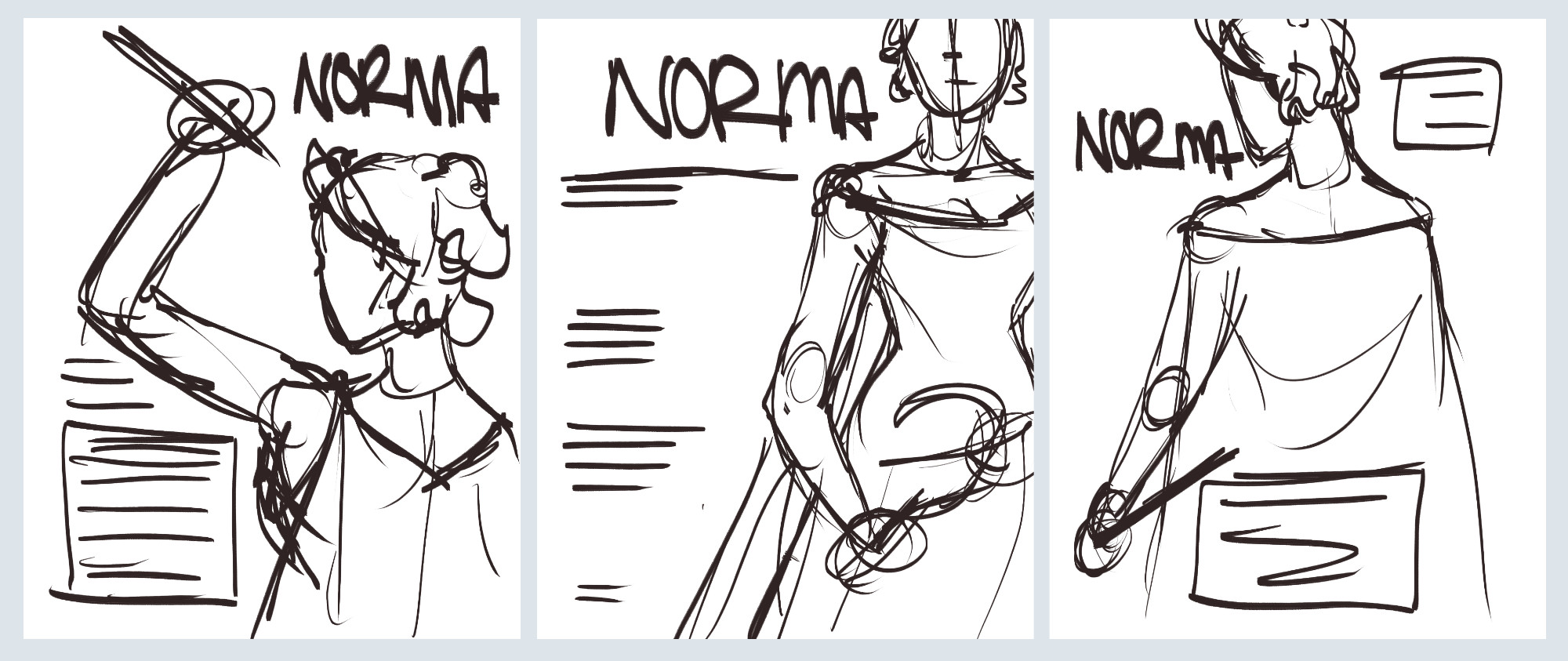 three initial rough sketches for the final Norma poster