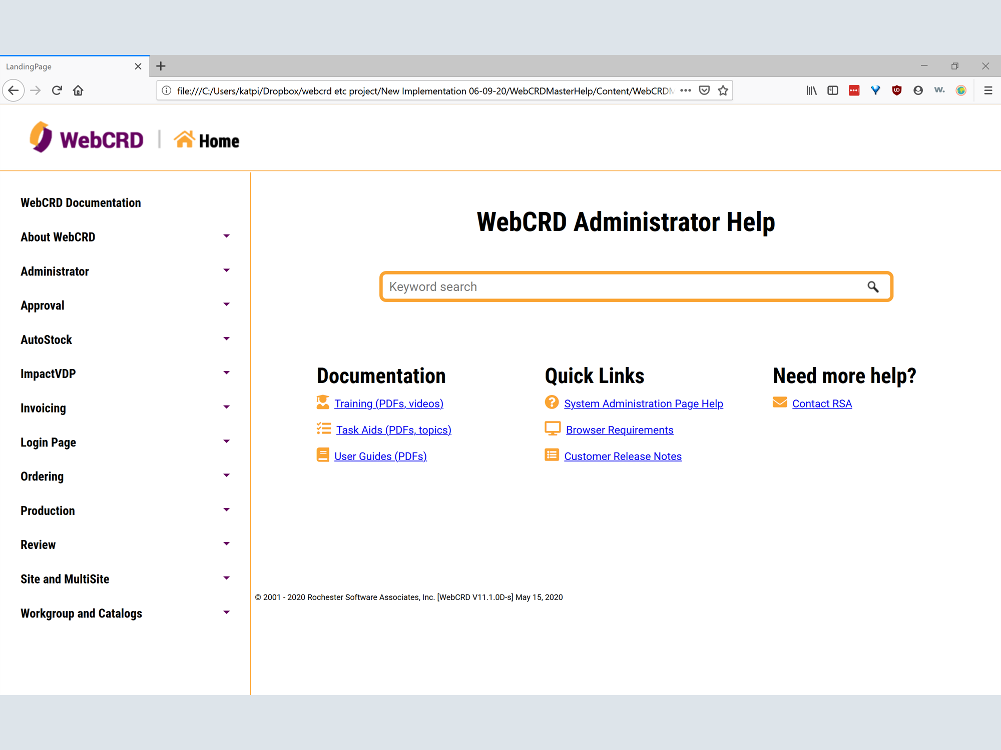 webcrd admin landing page